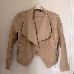 Bagatelle Draped Faux Leather Cropped Neutral Jacket